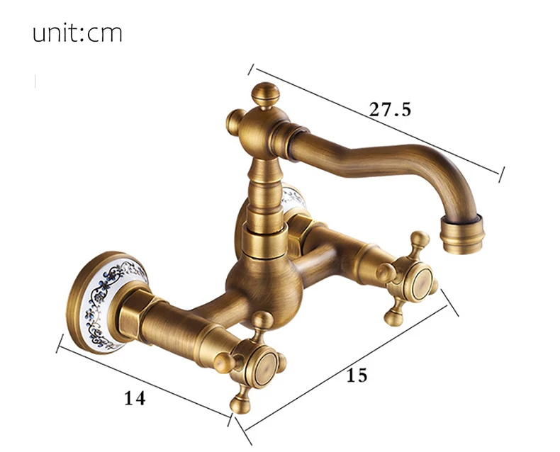 Античный латунный кран с настенным креплением для ванной комнаты, смеситель для раковины, бронзовый, винтажный, 360 градусов, двойная ручка, кран и смеситель для кухонной раковины, холодный, горячий