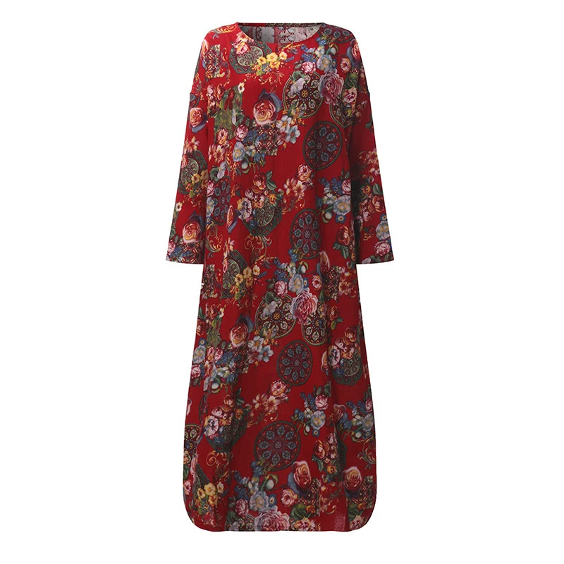 

Women Casual Boho Maxidress Loose Long Sleeve Cotton Linen Floral Dress OVERSIZE