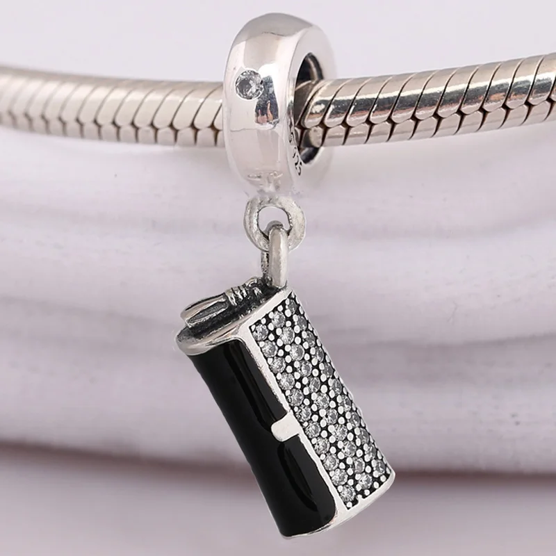 

New 925 Sterling Silver Charm Black Clutch Bag With Crystal Pendant Bead Fit Original Fashion Bracelet Necklace DIY Jewelry