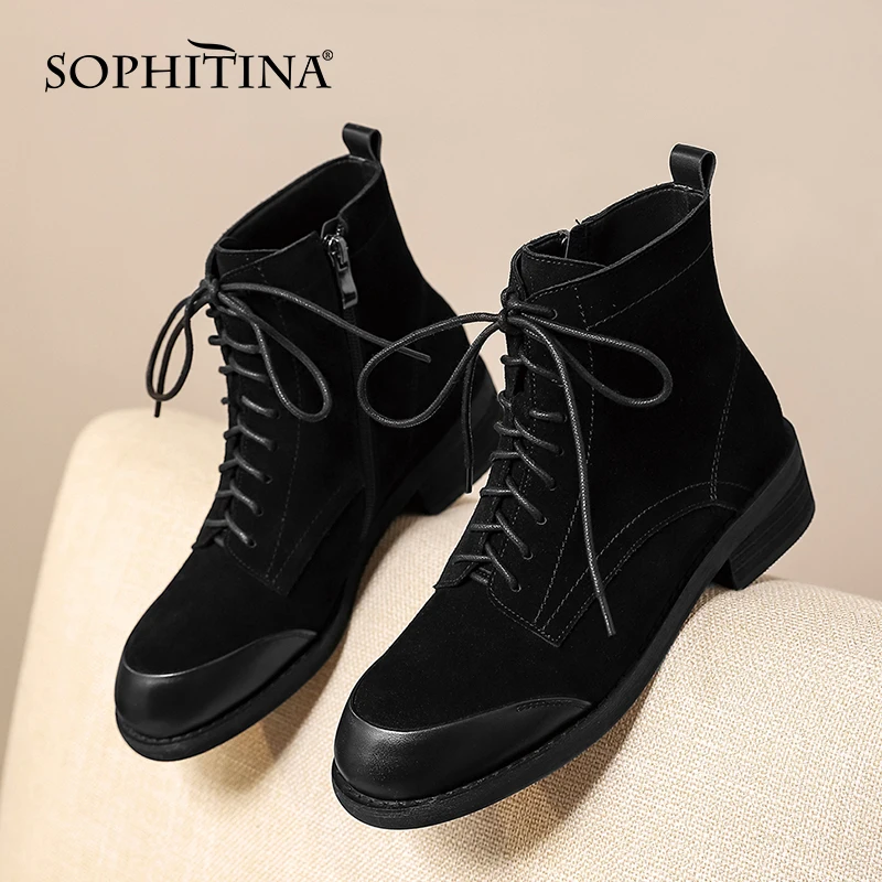 

SOPHITINA Casual Ankle Boots Comfortable Lace-Up Round Toe Square Heel Patchwork Boots Women Office Non-slip Women's Shoes SO653