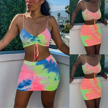 

Hot Sexy Women Colorful Two Pieces Set Tank Crop Top Vest+ Package Hip Mini Skirts Bodycon Women Summer Clothes Party Clubwear