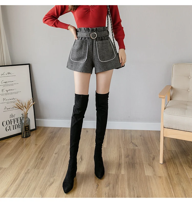 Trytree Autumn Winter woman Casual Shorts Loose Belt Pockets High waist Solid 3 Colors Fashion All-Purpose Style Short