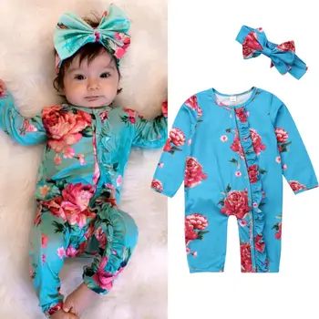 

Baby Girl Romper Newborn Infant Toddler Autumn Long Sleeve Blue Floral Round Neck Jumpsuit Headband Clothing Outfit 0-24M
