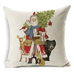 Festive Cartoon Elk & Santa Linen Christmas Pillow Cover - 35x35cm (09)