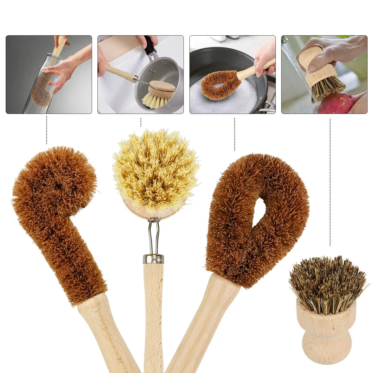 Кухонная щетка для мытья посуды набор щеток из кокосового волокна и дерева 4