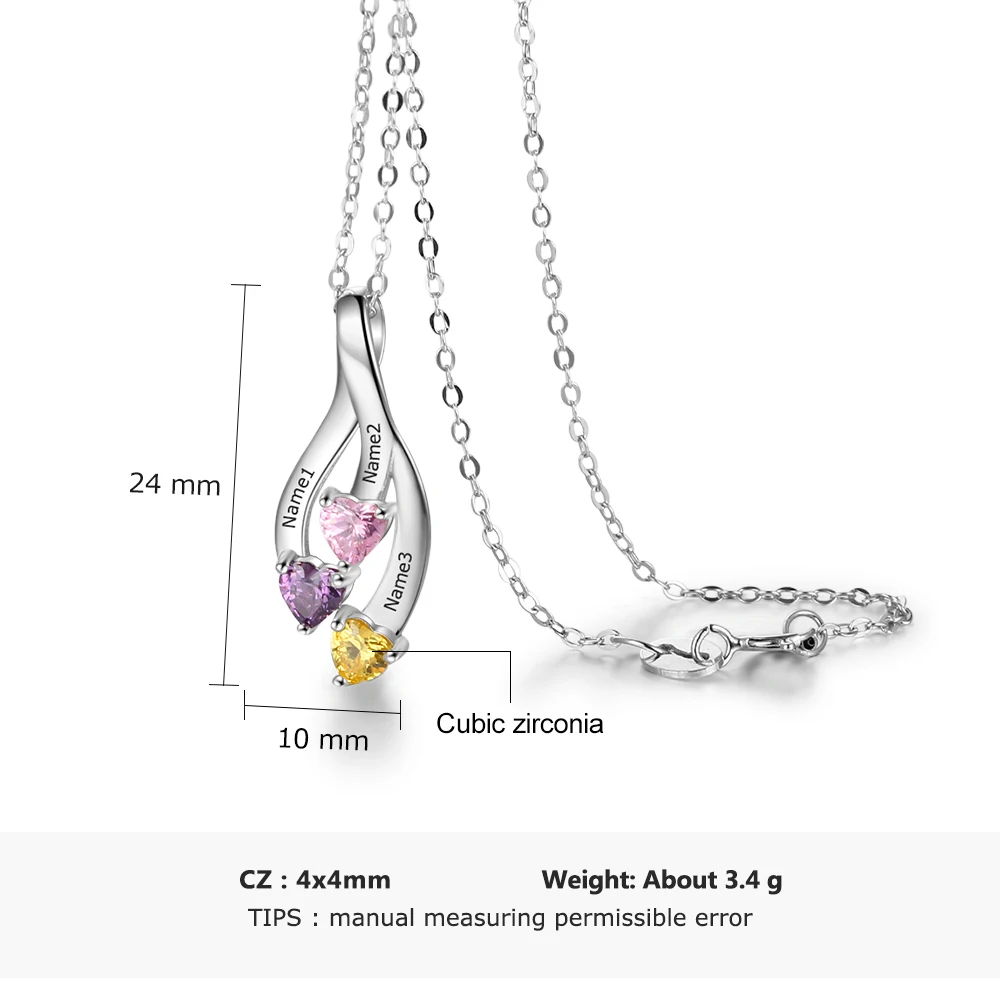 JewelOra персонализированное ожерелье C именем с 3 камнях сердца Настоящее серебро 925 проба по индивидуальному заказу Семья Цепочки и ожерелья и кулоны из нержавеющей стали