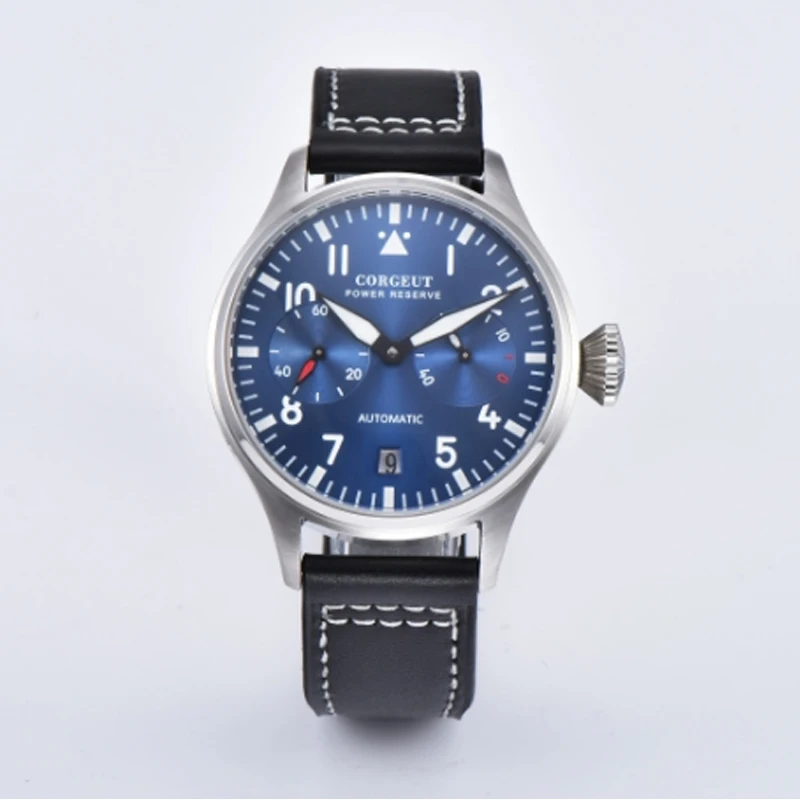 

Corgeut 42mm blue dial Power Reserve Date Window Leather Automaitc Men Watch.
