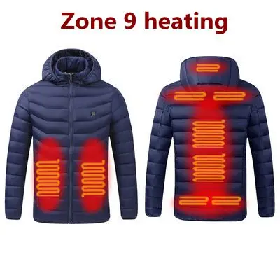 2021 NWE Men Winter Warm USB Heating Jackets Smart Thermostat Pure Color Hooded Heated Clothing Waterproof  Warm Jackets 9 Areas Heated Blue