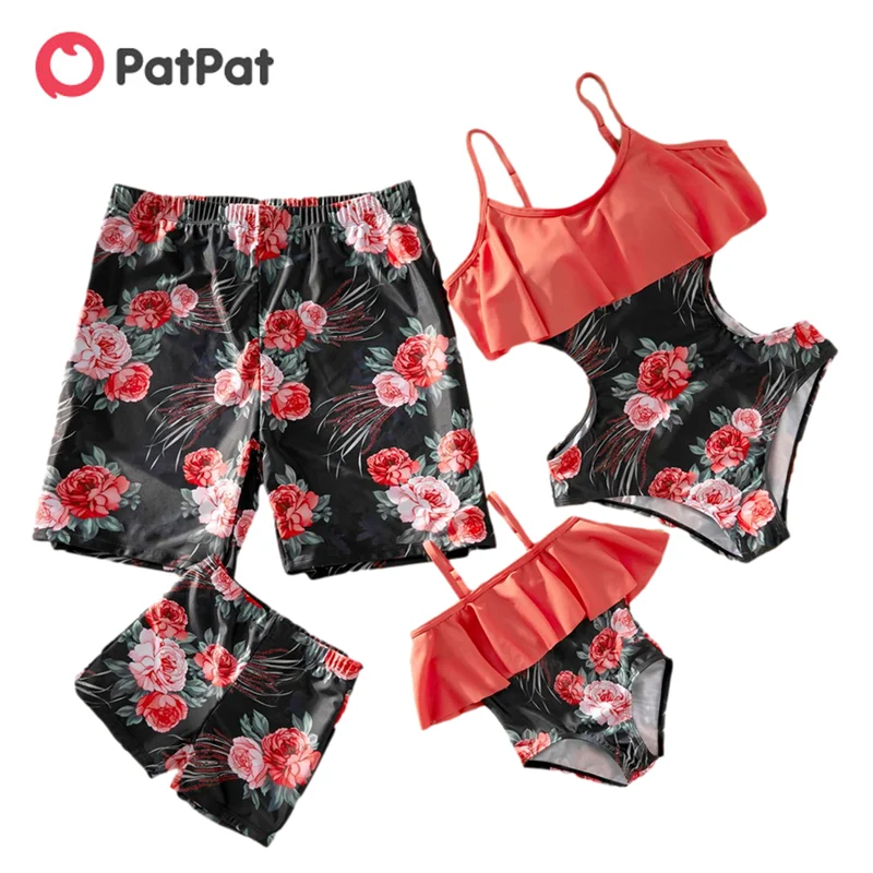 Good Deal Matching Family Swimsuits One-Piece-Set Patpat Floral Summer Color-Block Flounce Full-Print WGwgrJBz15A