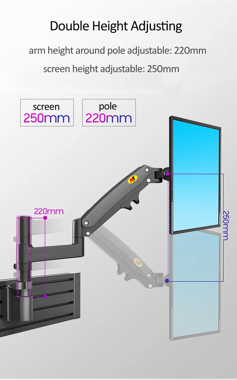 Braço do Suporte do Monitor na Mola de Gás da Separação Montagem da Tevê do Lcd do Movimento Duplo da Braçadeira do Braço da Ergonomia Completo 2-12kg Suporte nb M60 22 -35 - Image 2