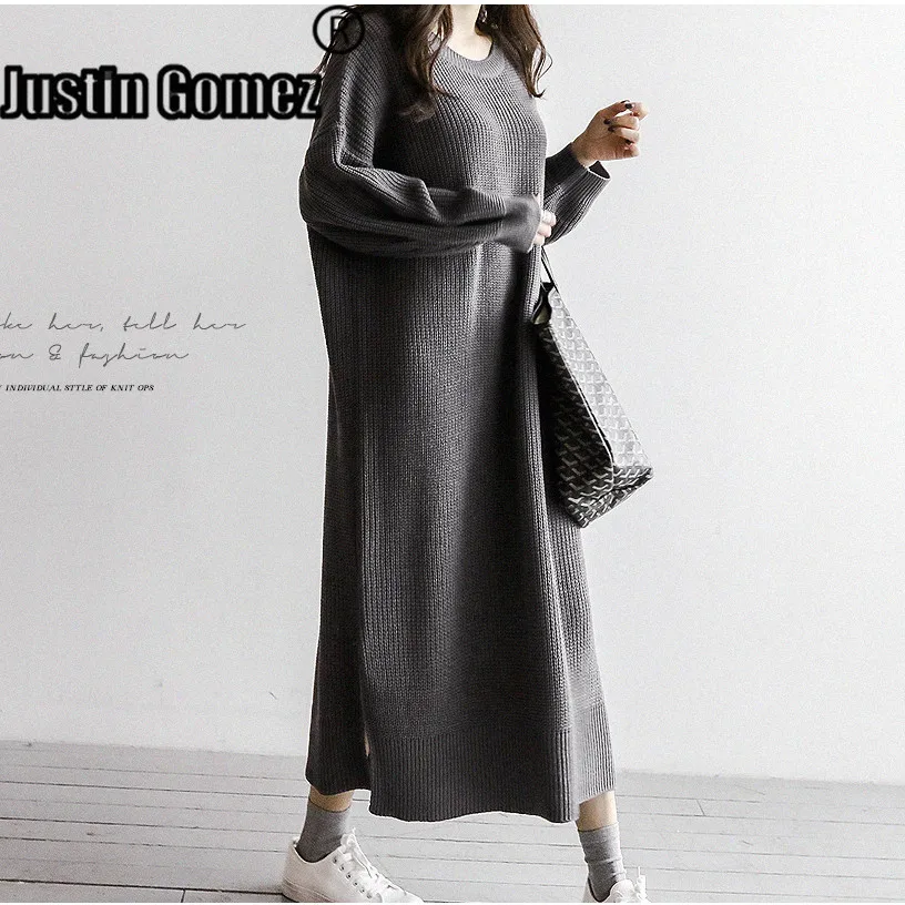 

Fall and Winter Round Neck Long Sweater Side Split Bat Sleeve Loose Long Pullover Solid Knitted Outerwear Black Female Coat