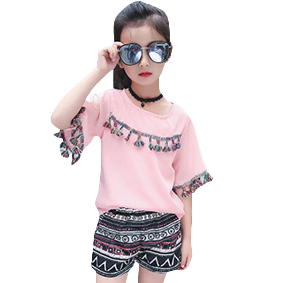 Детская летняя одежда модная для девочек шифоновая рубашка с кисточками и шорты