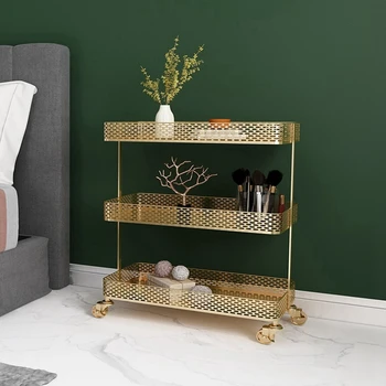 

Nordic Wrought Iron Rack Carts with Wheels Floor-standing Living Room Bedroom Bedside Multi-layer Storage Roller Rack Removable