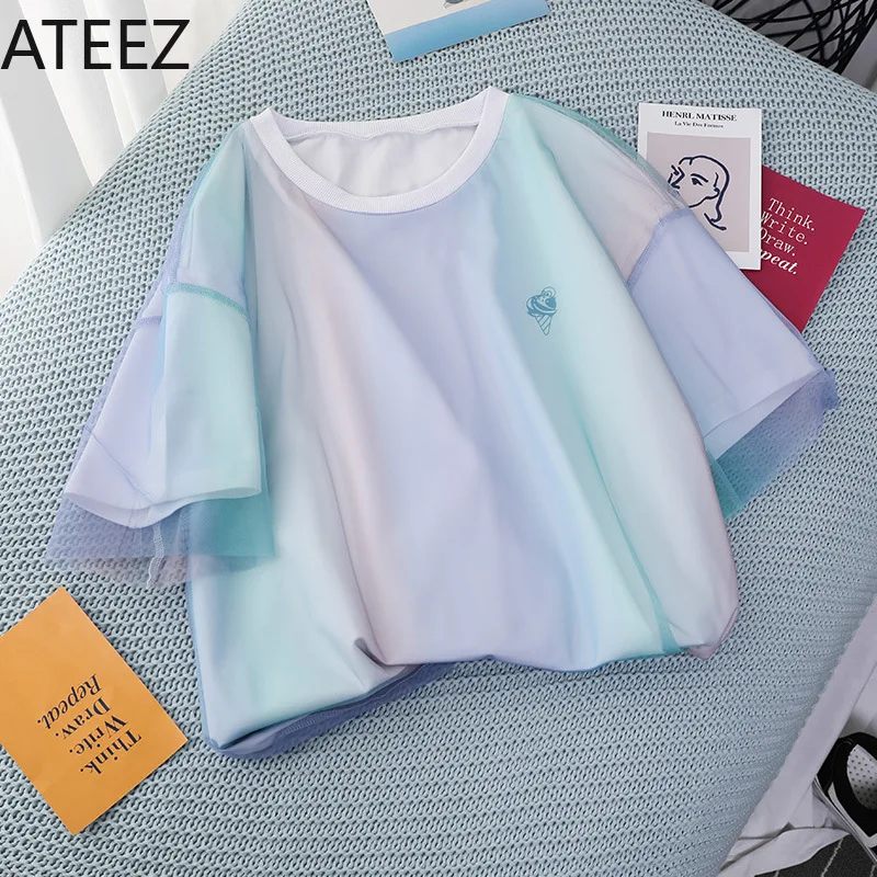 ATEEZ Highstreet элегантный контрастный кружевной тонкий приталенный однотонный прозрачный пуловер Футболка женская Повседневная Женская футболка топ Корейская одежда Femme