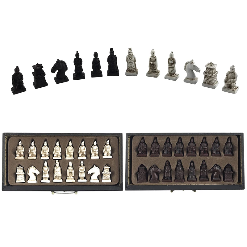 Wooden Chess Chinese Retro Terracotta Warriors Chess Wood Carving Resin Chessman Christmas Birthday Gift