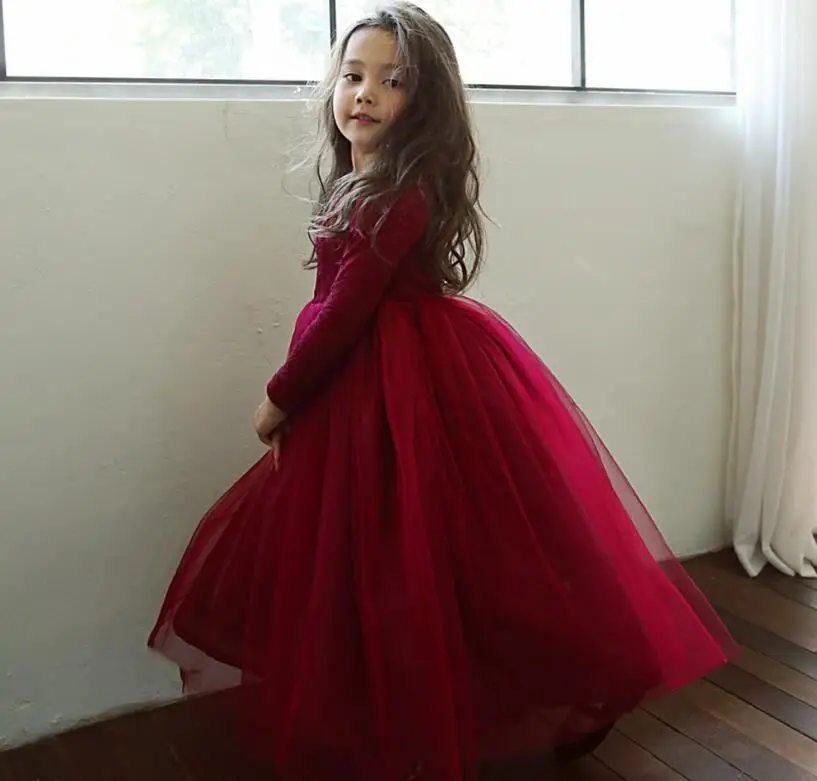 Рождественское платье; одежда для маленьких девочек; Новинка года; праздничное платье принцессы с кружевным бантом; красный костюм принцессы; милая Одежда для девочек