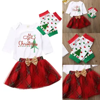 

Newborn Baby Girl My First Christmas Romper Playsuit White Bodysuit + Bowknot Red Skirt + Warm Legs Outfit 3pcs Set Kid Clothes