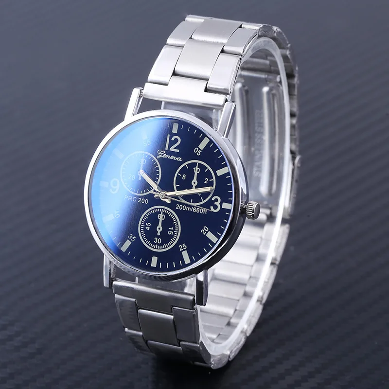 Fashionable casual men's watch new neutral watches Geneva false eye colour blue glass steel band watches men quartz watch custom popular jewellery glass display cabinet stainless steel watches jewelry showcase