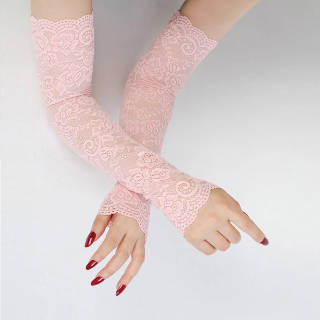 Hot Women Arm Warmers Pleated Yarn Long Breathable Sunscreen Driving Arm Sleeve Fingerless Gloves sexy lace glove Solid White 20