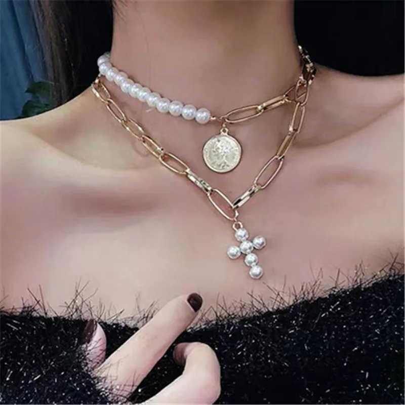 Новинка, модный дизайн, имитация жемчуга, женское колье, чокер, крест, подвеска, ожерелье s для женщин, золотой цвет, модное ювелирное изделие для монет