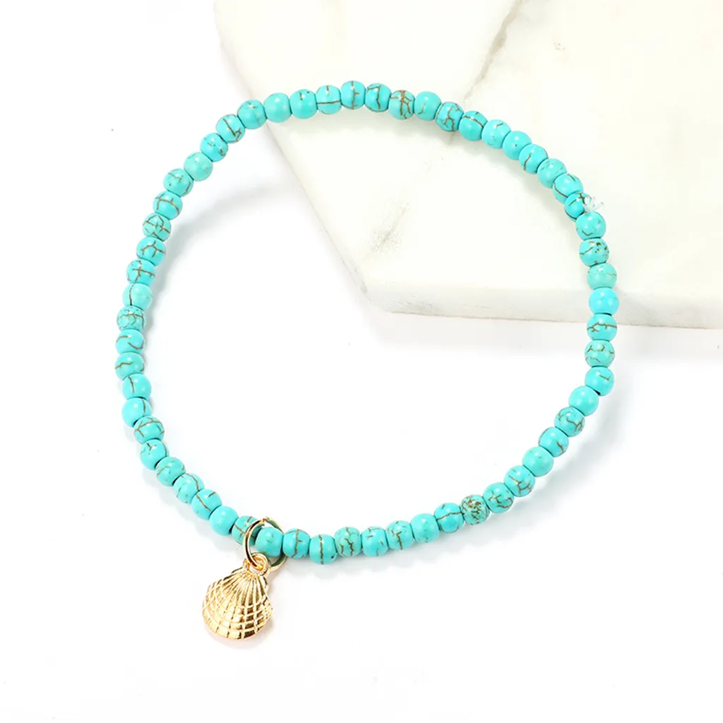 Vintage Beach Wind Blue Rice Beads Shell Alloy Pendant Anklet Bracelet Barefoot Sandals Bracelet Ankle On The Leg Female Ankle