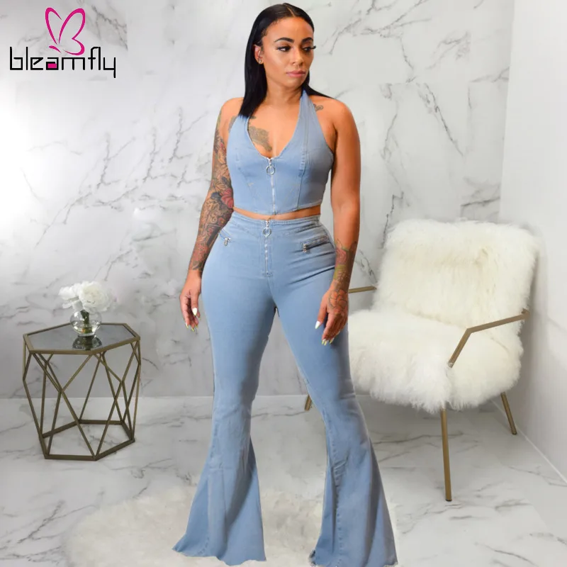 

Autumn Denim Streetwear Women's Set Halter Neck Crop Top Wide Leg Jeans Pants Suit Two Piece Set Elegant Tracksuit Outfit 2019