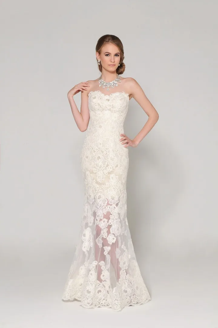 

Elegant Mermaid Strapless Off the Shoulder Lace See Through Floor Length Wedding Dress Transparent Lace Up 2015