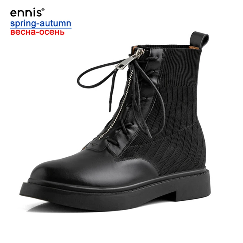 Black ENNIS/Ботинки martin из натуральной кожи; зимние женские ботинки на плоской подошве с молнией спереди; ботильоны на платформе; Цвет Черный; трикотажная растягивающаяся обувь; A9338 - Цвет: Black