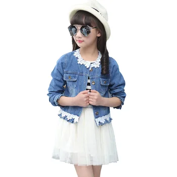 

Girls Clothes Striped Mesh Dress & Jacket 2 Pcs Girls Suits Lace Denim Jacket Girls Clothes Set Autumn Fashion Suit For Girls