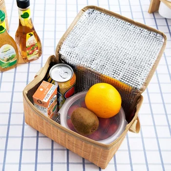 

Rattan like Bento bag for outdoor picnic waterproof lunch bag aluminum film portable picnic food large capacity portable Bento