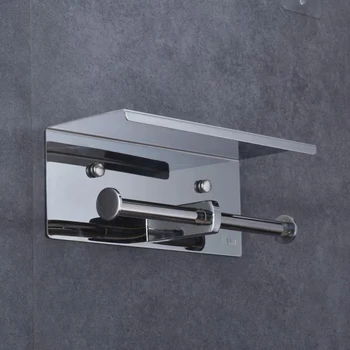 

Self Adhesive Tissue Stand Storage Rack Double Roll Punch Free Stainless Steel With Phone Shelf Modern Style Toilet Paper Holder
