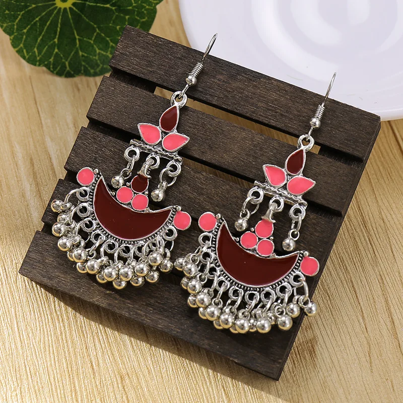 

2020 Vintage Red Indian Earrings For Women Boho Jewelry Retro Ethnic Gypsy Silver Color Bell Flower Tassel Jhumka Earrings