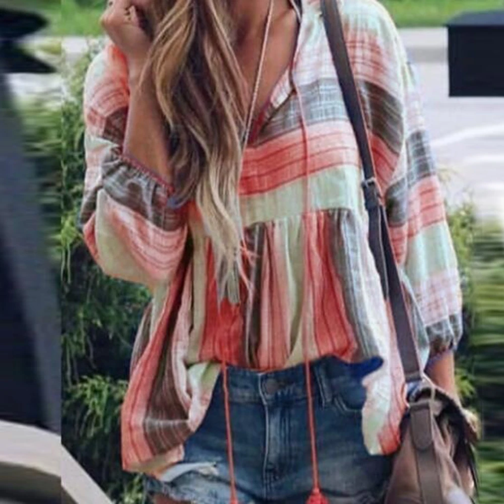 

WENYUJH Autumn Casual V-Neck Flare Sleeve Patchwork Blouse Womens Drawstring Tassel Retro Tops Summer Chic Blusa Plus Size 5XL