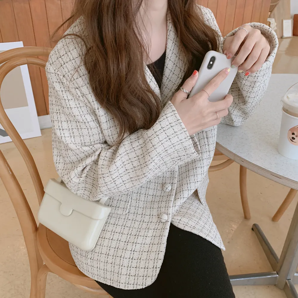HziriP Autumn Chic Plaid Feminine Sweet Warm Women Woolen Elegant Loose Vintage Office Ladies All Match Coat Blazers