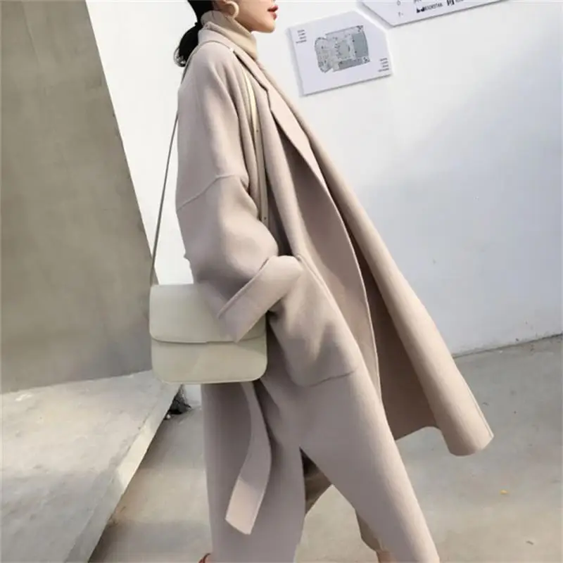 Осенне-зимняя женская повседневная шерстяная Верхняя одежда оверсайз длинное пальто с поясом Женское шерстяное пальто