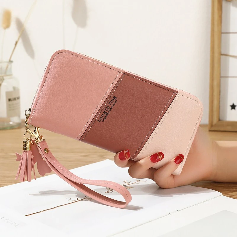 Cartera larga de tres colores para mujer, bolso con borlas y cremallera, combina con todo, para teléfono móvil