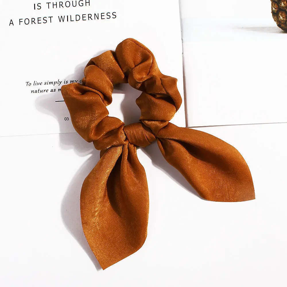 A-brown Pure Color Elastic Hair Band Rabbit Ear Bow Pearl Hair Rope Satin Ponytail Scrunchie Hair Tie For Women Headband Hair Accessorie - Цвет: A-brown