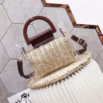 

Slub Handle Transparent Bags For Women 2020 Summer Travel Shoulder Messenger Crossbody Handbags Lady Beach Hand Bag