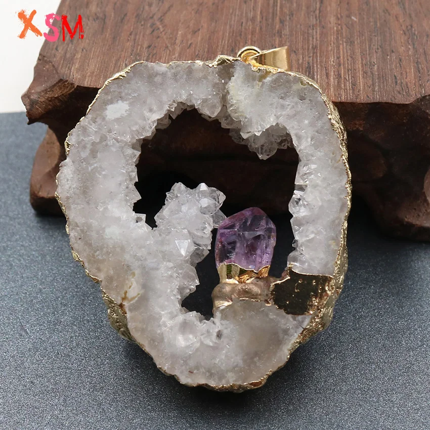 XSM Кристалл Druse фрагмент жеоды кулон естественный неправильной формы аметисты инкрустация полые Druzy для женщин талисманы ювелирных изделий ожерелье подходит