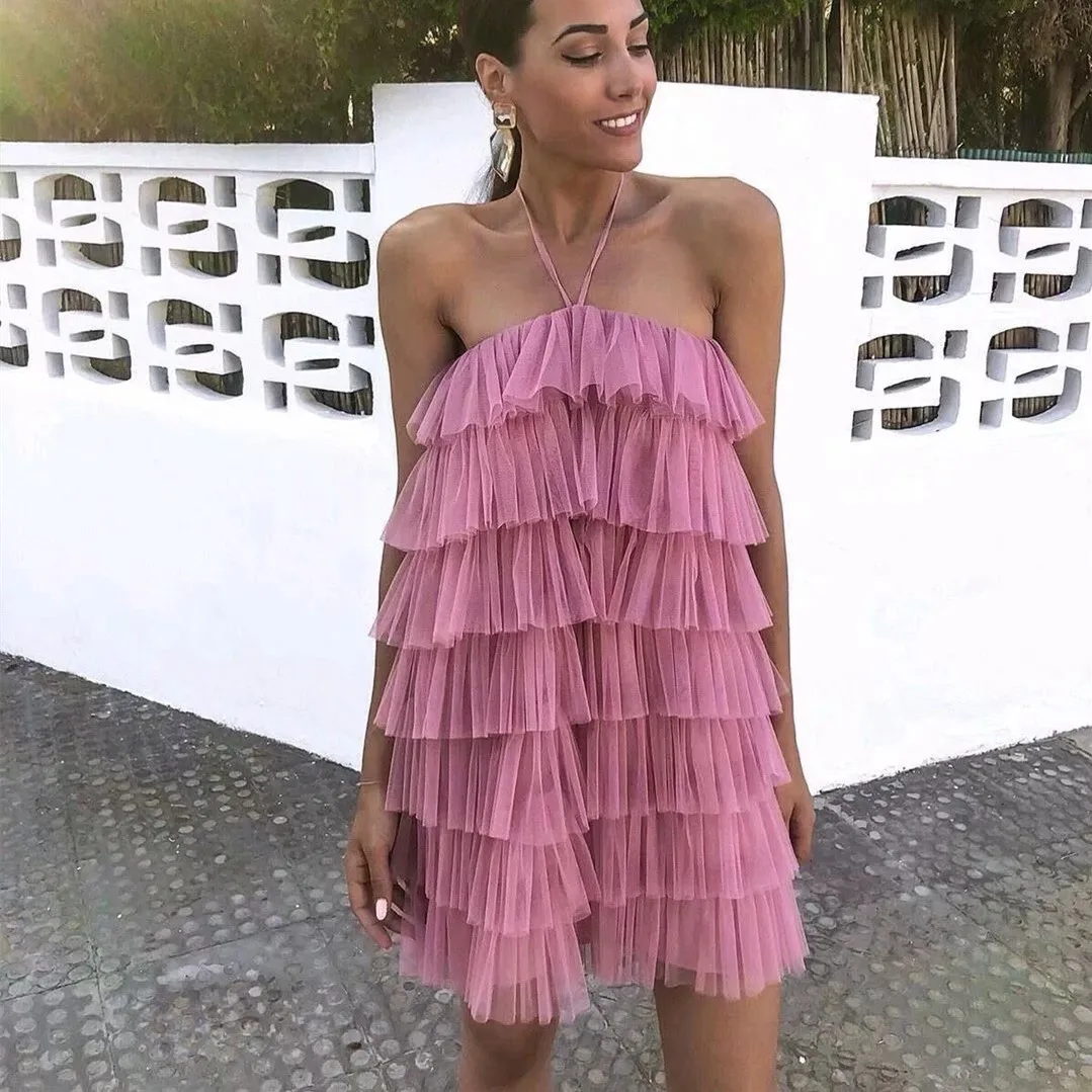 

Summer Sexy Strapless Shoulder Mesh Halter Mini Dress Women Elastic Fishnet Beach Dress Ladies Lace Ball Gown Dress cwd0660-5