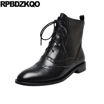 

high quality round toe thick brogue shoes front lace up casual ankle boots autumn winter 2019 booties women fur black chunky new