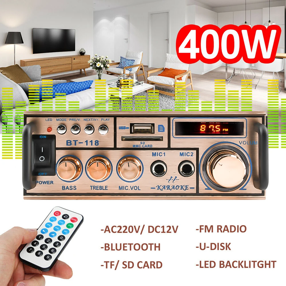 12V/ 220V 2CH LCD Display Digital HIFI Audio Stereo Power Amplifier bluetooth FM Radio Car Home with Remote Control car stereo