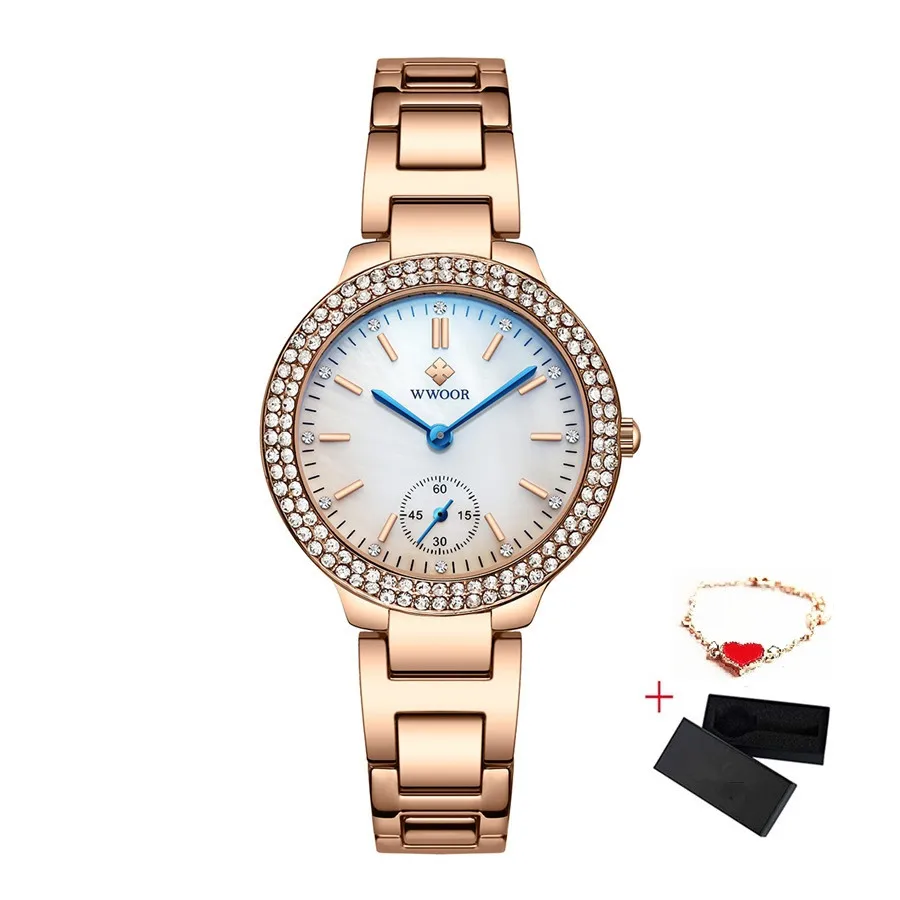 WWOOR женские часы с бриллиантами роскошные золотые женские часы-браслет водонепроницаемые повседневные из нержавеющей стали Кварцевые часы для женщин Reloj Mujer - Цвет: Gold White Bracelet