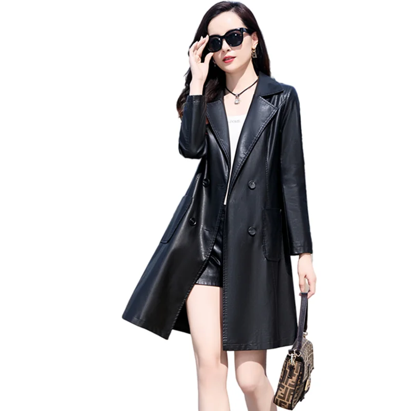 

2021 Spring Autumn Women Pu Leather Jacket Femme Slim Long Leathers Windbreaker Fashion Casual Female Motorcycle Coat H1730