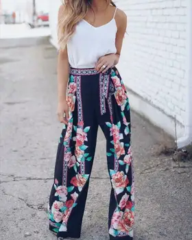 

New 2020 Women‘s Boho Casual Loose Wide Leg Pants Lady Bandage Black Floral Print Trousers S-XXL