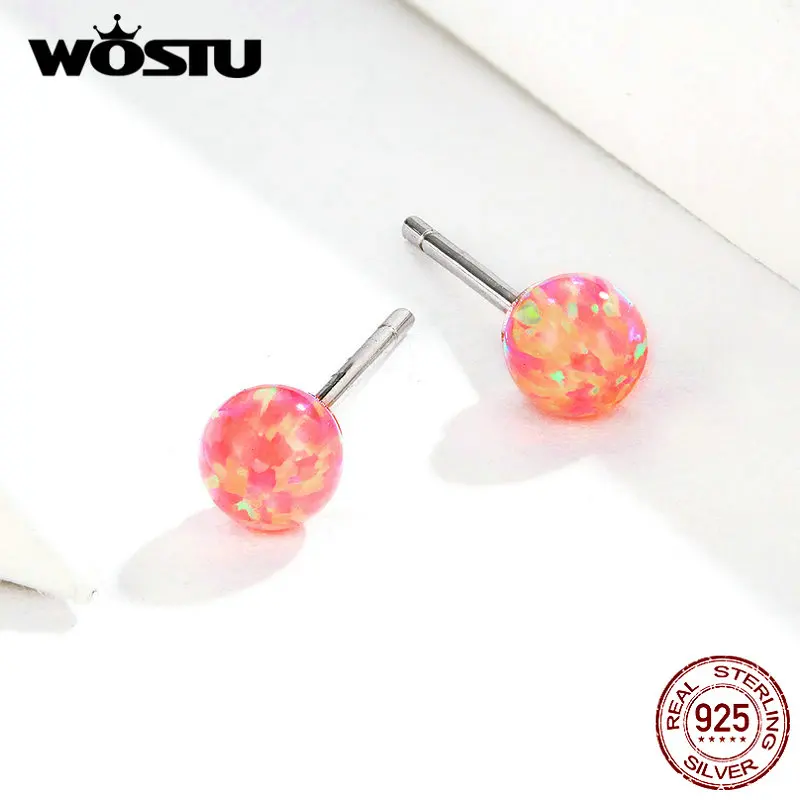 WOSTU Новое поступление 925 пробы серебряные круглые серьги-гвоздики для женщин Свадебные опал цветные маленькие серьги ювелирные изделия CQE752