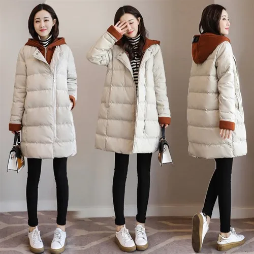 

2018 Winter Pocket Straight-Cut Mid-length Dacron Zipper Hooded Cotton-padded Clothes Comfortable Slim Fit Solid Color Casual Co