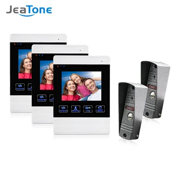 

Jeatone 4 Inch TFT Wired Smart Video Door Phone Intercom System with 3 Night Vision Monitor +2x1200TVL Rainproof Doorbell Camera