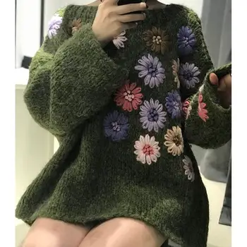 

Fall 2019 Women Stereo Flower Embroidery Sweaters Green Sexy Slash Neck Sweaters Jumpers Loose Long Sleeve Pullover