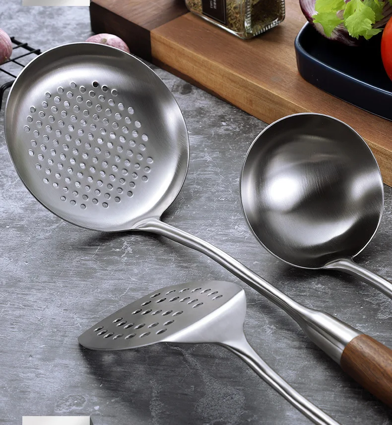Help You 304 Stainless Steel Household Cooking Wood Pot Spatula Ladel Colander Kitchen Cooking Shovel Kitchenware Kit